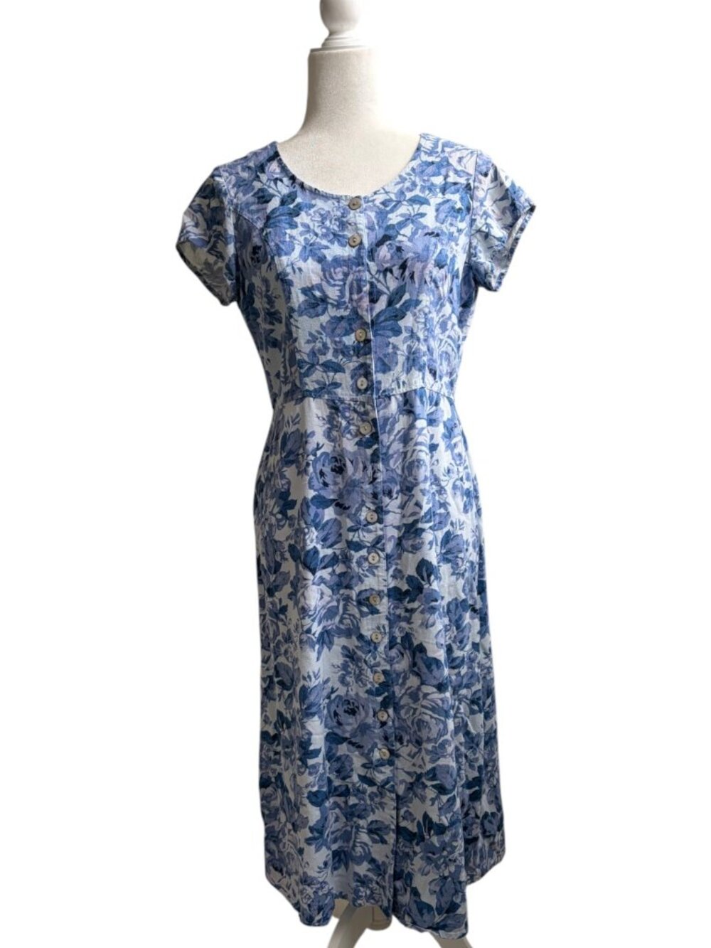 Vintage Linen Button Front Floral Rose Blue Midi Dress Cottagecore Size Medium - Picture 3 of 4